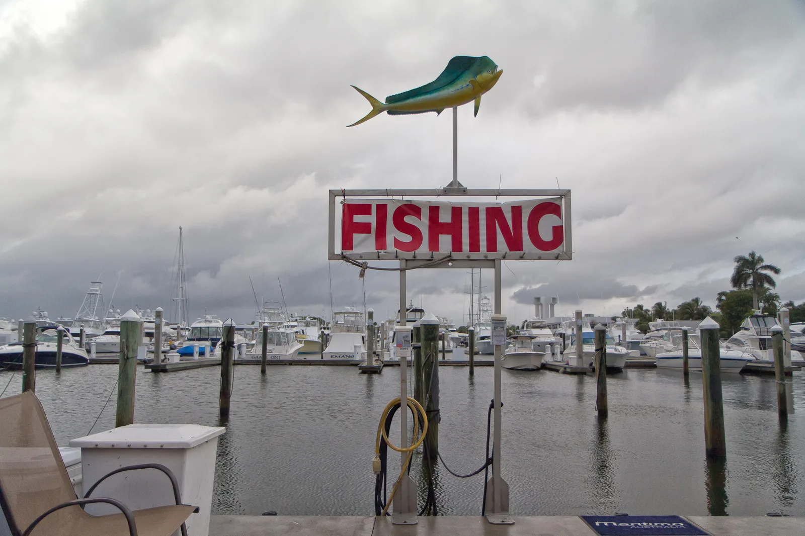 A fishing charter sign above a marina full of sportfishing boats in Fort Lauderdale.