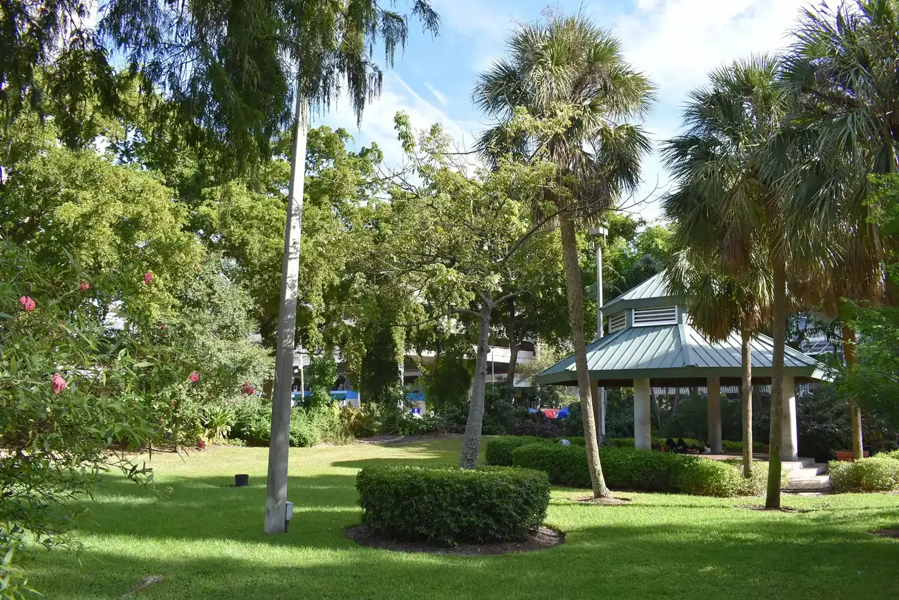 Lawns and a pavilion in Stranahan Park on Broward Boulevard, at the south edge of Flagler Village